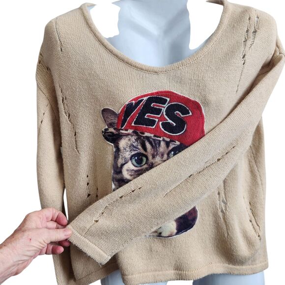 Y2K-Whimsical Yes Cat Lollipop V-Neck Sweater-Shred Knit-Beige-OS-Grunge-Novelty - Picture 4 of 12